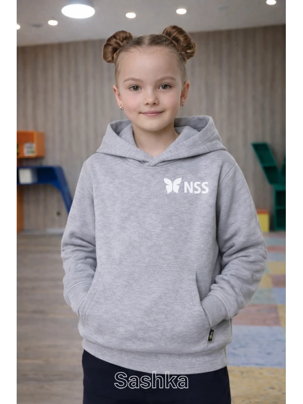 Худі УТЕПЛЕНЕ для дівчинки на флісі сіре з логотипом школи NSS, розмір 116-146